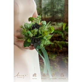 Ling's Moment Artificial Flowers Forest Green Bridesmaid Bouquet Set of 4, Green Wedding Flowers Bouquets for Bridesmaids, 7 Inch Bridal Bouquets for Bridesmaids, Wedding, etc