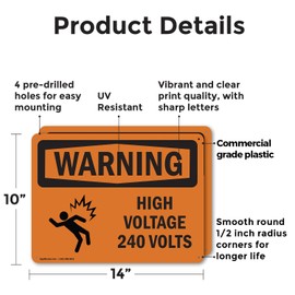 (2 Pack) High Voltage 240 Volts With Symbol OSHA Warning Sign 14 Inch X 10 Inch Plastic Sign, Weather Resistant, UV Protected for Workplace, Business, and Construction Site, Made in the USA