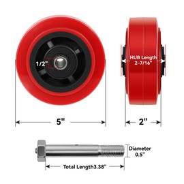 NINOSO 5" x 2" Casters, Set of 2 Heavy Duty Caster Wheel with 1600 lbs Capacity, 1/2" Bore Axle Non-Marking Polyurethane Wheel with Roller Bearing (2 Wheel)