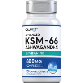 Piping Rock KSM-66 Ashwagandha L-Theanine | 800mg | 100 Caplets | Root Extract | Advanced Complex Supplement | Vegan, Non-GMO, Gluten Free