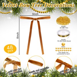 LOYIM 48 Pcs Velvet Christmas Tree Bows 33 Ft Beads Garland Chain Velvet Christmas Tree Ornaments Vintage Wreath Bow for Xmas Home Wedding Decoration(Brown)