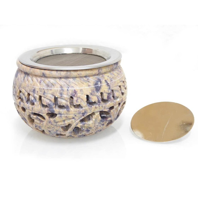Fumaga Aurum Soapstone Incense Burner with Sieve Including Silver Plates,