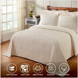 Better Trends Chenille Bedspreads Full/Double Size, Ivory 100% Cotton Chenille Stripe Design Tufted Bedding Coverlet Soft Lightweight, 96"x110" 1 Pieces Jullian Collection