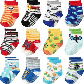 Aroveea Calcetines de tobillo antideslizantes para bebé, paquete de 12 calcetines para niños y niñas, calcetines de algodón lindos para bebé, Dibujos animados 5, 3-5 Años