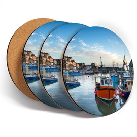 Destination Vinyl ltd Great Coasters (Set of 4) Round - Fishing Boats Mevagissey Cornwall Drink Glossy Coasters/Tabletop Protection for Any Table Type #45024