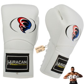 Boxing Gloves – Lace-Up – Sparring Gloves for Training, Muay Thai, Kickboxing – Leather – 10, 12, 14, 16 oz – Huracan Premium (White, 14 oz, Leather)