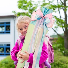 BOFUNX School Cone Bow Pink Blue Heart Sugar Bags Bow for Girls - 60 x 20 cm School Cone Sugar Bag Decoration First Day of School Decoration