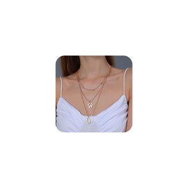 Yienate Boho Layered Shell Necklace Funky Gold Card Pendant Necklace Pearl Chain Choker Necklace Statement Layered Shell Pendant Necklace Charm Jewellery for Women and Girls