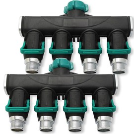 4 Way Hose Splitter, Metal Hose Connector, 2 Pack Heavy Duty Garden Hose Splitter, 4 Valves, Easy Grip, Easy to Open, for 3/4" Hose Connector, Rust-Resistant Adapter, (2, Green, 4 Way Splitter)