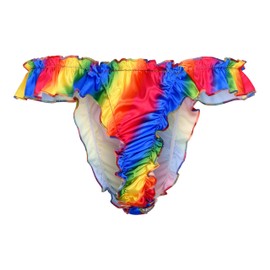 Satini Men's Satin Ruffle Low Rise Sissy Thong Tanga Knickers Briefs Panties (Rainbow, XXL)