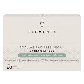 Elementa Toallas Faciales Secas Extra Grandes Desechables (Rostro Limpio y Sin Bacterias), Hipoalergénicas, 100% Biodegradables | Toallitas Desmaquill
