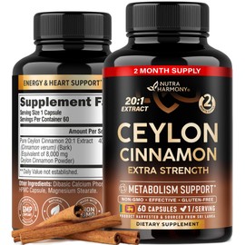 Ceylon Cinnamon Capsules - Extra Strength - Energy Heart & Metabolism Support for Men & Women - Pure Natural Cinnamon 20:1 Extract Supplement - GMO & Gluten Free - Made in USA - 60 Capsules 2 Month