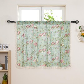 Bentrilisa - Cortinas de ventana de granja floral para cocina, cafetería, cortina pequeña semi transparente con borlas, flores y hojas, tratamiento de ventana corta clásico, elegante, panel individual