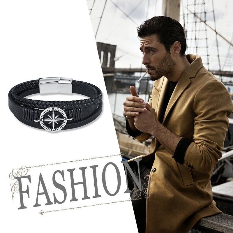 Feilok Eight-pointed Star Bracelet Men's Bangle Wrap Bracelet Cuff Leather