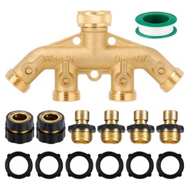 Twinkle Star 4 Way Heavy Duty Brass Garden Hose Splitter,3/4" Garden Hose Fitting Quick Connectors Female and Male, 1 Teflon Tape & 6 Rubber Washers for Garden Hose Adapter Connections