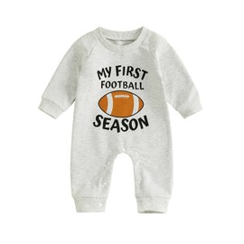 BemeyourBBs Newborn Baby Boy Fall Winter Clothes Button Long Sleeve Romper Jumpsuit Cute Infant One Piece Outfit (My First Football Season Grey, 3-6 Months)
