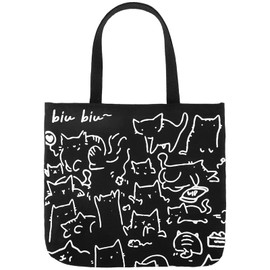 Eowppue Charming Canvas Tote Bag with Cute Cat Pattern, Versatile Everyday Aid, black