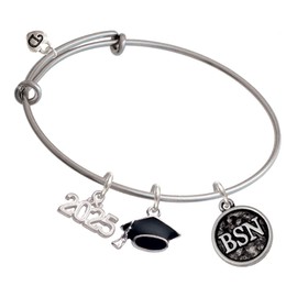 Delight Jewelry Silvertone Nurse Caduceus Seal - BSN - Silvertone Class of 2025 Graduation Charm Bangle Bracelet