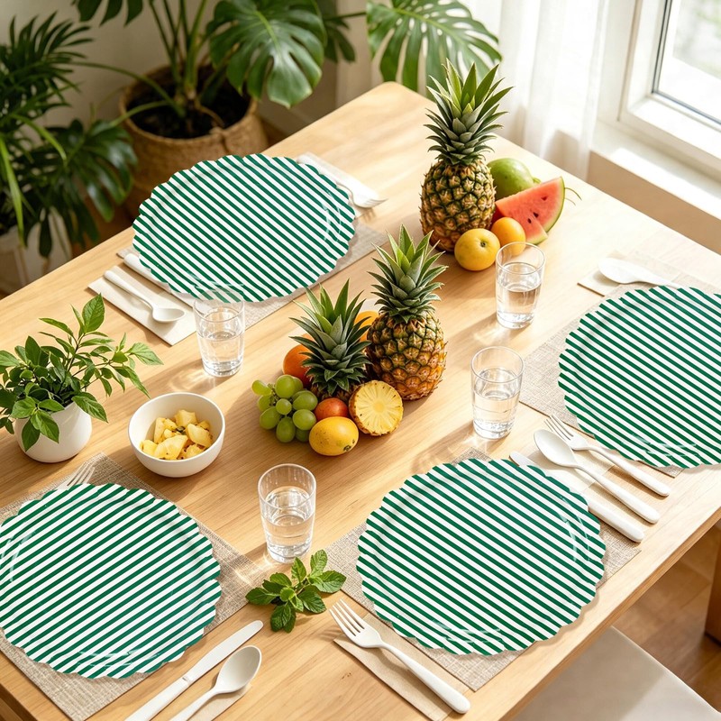 30Pcs Green Striped Paper Plates, Scalloped, Minimalist, 9 In