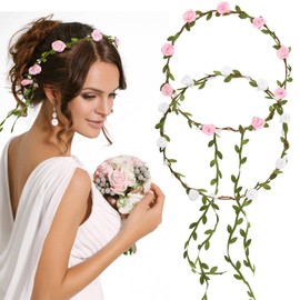 CAREDGO Pack of 2 Flower Wreath, Artificial Flower Headband, Hair Wreath, Flowers, Crown Headpiece, Adjustable Hair Accessories, Flower Crown for Wedding, Party, Festival (Rose and White)
