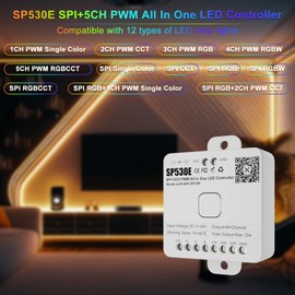 PAUTIX SP530E WiFi Bluetooth LED Controller Alexa/Google 12-in-1 LED Dimmer Support PWM/SPI Single Color CCT RGB RGBW RGBCCT IC LED Strip WS2811 WS2812,for COB/5050 2835 LED Strip Lights DC5V 12V 24V