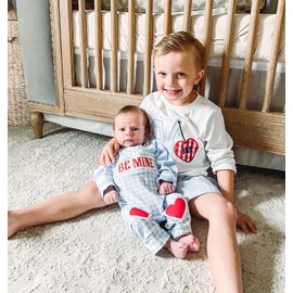 Valentines Baby Boy Girl Outfit Heart Jumpsuit Long Sleeve Plaid Romper Newborn One Piece Outfit 0-18 Months (Blue, 3-6 Months)