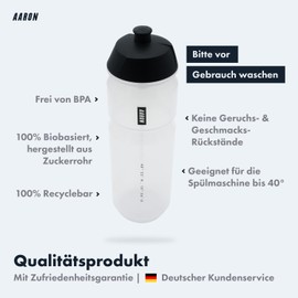 AARON Eco Drinking Bottle Made of Sustainable Sugarcane, 750 ml, Lightweight and Leak-Proof, Practical BPA-Free Water Bottle for Sports, Fitness, Hiking, Outdoor in Transparent