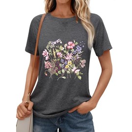 hcihgzr Vintage Flower Shirts Women Boho Floral Wildflowers T-Shirt Retro Wildflower Graphic Tee Shirts Summer Shirts Tops（L,3Dark Grey）