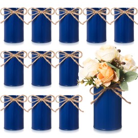 Domensi 4.33 Inch High Farmhouse Vase Decor Vintage Flower Vase with Twine Bow Rustic Galvanized Metal Buckets for Artificial Flowers for Table Centerpiece Weddings Home(Dark Blue,12 Pcs)