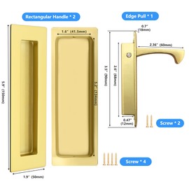 Dontay Sliding Pocket Door Handles, 304 Stainless Steel Non Locking Pocket Door Hardware, Recessed Flush Finger Pulls, Heavy Duty Edge Pull (1 Set, Satin Brass, 6 Inch)