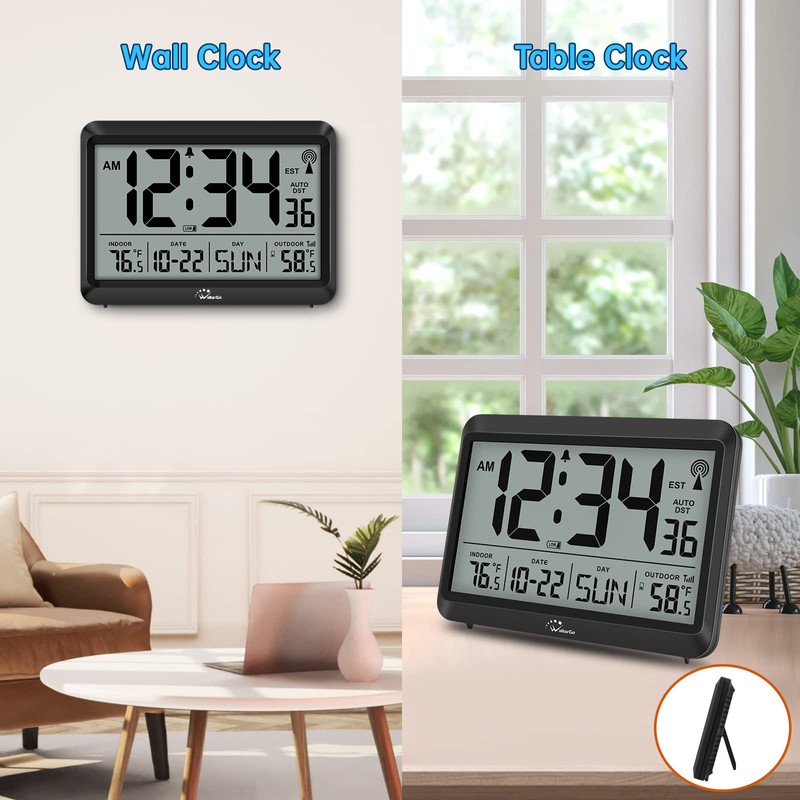 WallarGe Atomic Clock with Indoor Outdoor Temperature - 8.5'' Digital