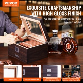 VEVOR Cigar Humidor, Glass Top Cigar Humidor Box, Handmade Spanish Cedar Wood Cigar Desktop Box, Cigar Storage Case with Digital Hygrometer, Humidifier, Divider and Accessory Drawer, 30-50 Cigars