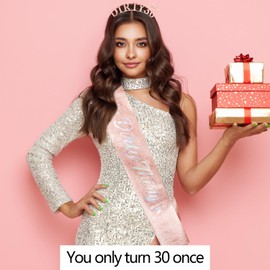 SuPoo 30th Birthday Sash and Headband 30th Birthday Decorations for Her Dirty 30 Birthday Crown Tiara 30th Birthday Gifts for Women Thirty Party Decorations Happy Birthday Girl Headband