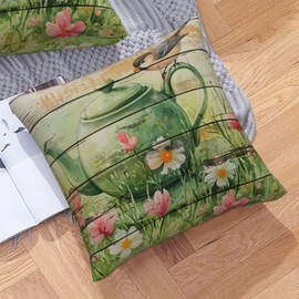 Royalours Retro Wood Pillow Covers Green Lawn Watercolor Flowers Throw Pillow Cushion Covers 18x18 Inch Summer Bird Kettle Pattern Linen Pillow Case for Farmhouse Patio Living Room