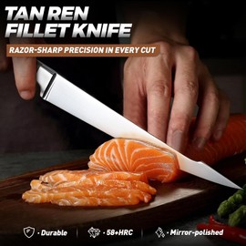 TAN REN Filet Knife for Fish 9 Inch, Stainless Steel Fillet Knife, Fishing Meat Fillet Knives with Sheath for Filleting and Cleaning, Full Tang Fish Filet Knives with Wood Handle, Father's Day Gift
