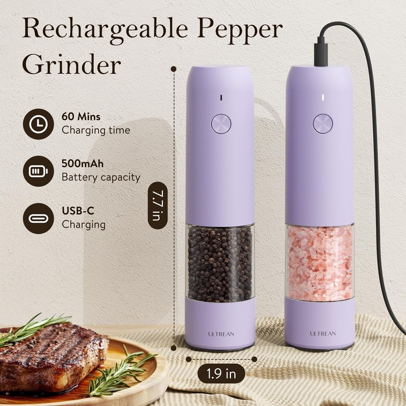 Ultrean Pepper Grinder, Rechargeable Salt and Pepper Grinder with 6