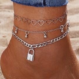 Ushiny Vintage Layered Anklet with Silver Beads Anklet Love Ankle Jewellery Castle Beach 3 Pieces Anklet for Women and Girls, Plastic