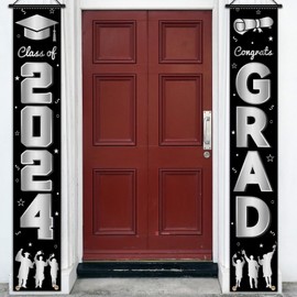2025 Graduation Banner, Class of 2025 Congrats Grad Porch Sign Party Supplies 2025 GRAD Banner for Indoor Outdoor Hanging Banner Graduation Decorations (Black Silver)