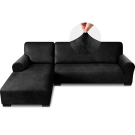 Pfrstuv Sectional Couch Covers, Leather Look Sofa Cover L Shape 2PCS Soft Stretch Slipcover for Sectional Sofa, Non Slip Furniture Protector (3 Seat Sofa + 3 Seat Right Chaise, Black)