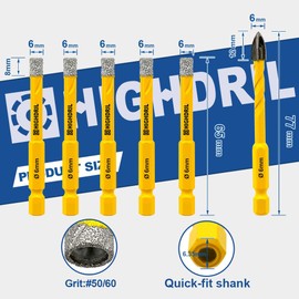 HIGHDRIL Dry Diamond Drill Bits - 6Pcs 1/4 inch (6/6/6/6/6mm+6mm Carbide Drill bit) Diamond Core Drill Bits Set with Quick-fit Hex Shank for Granite Marble Porcelain Tile Ceramic Dekton
