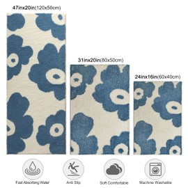 Blue Bathroom Rug Cute Flower Bath Mat Soft Fluffy Absorbent Quick Dry Non Slip Washable Bath Mats for Bathroom,Shower Doorway and Bathtub, 31" x 20"