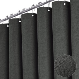BTTN Grey Extra Long Shower Curtain, 72x96 Inch Long Linen Textured Heavy Duty Fabric Shower Curtain Set with 12 Hooks, Tall Simple Neutral Waterproof Cloth Shower Curtain for Bathroom, Charcoal Gray