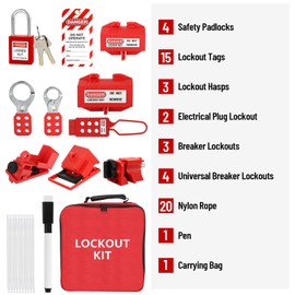 Lockout Tagout Kit Electrical Loto 33Pcs - Safety Padlocks Clamp-On Circuit Breaker Lockout, Group Lockout Hasps, Lockout Tag, Universal Multi- Pole Breaker and Red Carrying Bag