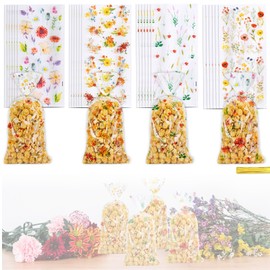 Blinket 100 Pcs Wildflower Cellophane Bags 5 × 10.8 Inch Floral Treat Bags with Twist Ties for Candy Cookie Popcorn Chocolate Dessert Packaging Wedding Party Supplies