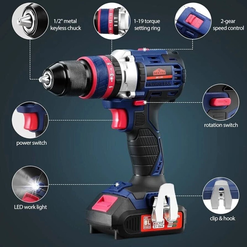 Dextra 20V Cordless Hammer Drill with 2.0Ah Battery and Charger