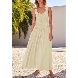 Duigluw Summer Dress Casual Women Fashion Sleeveless Smocked Tank Pleat Long Tiered Maxi Dresses Apricot M