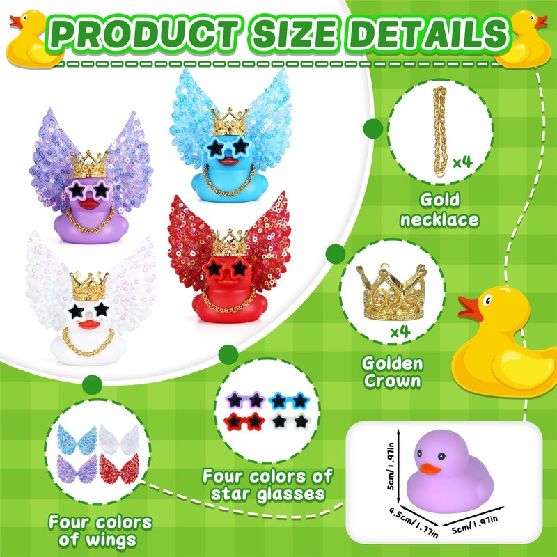 4pcs Angel Rubber Duck Car Decor with Glitter Wings (Purple/Blue/Red/White)