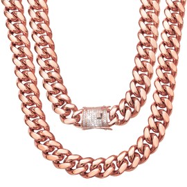 WinTrend Cuban Link Chain Necklace or Bracelet with Bling Bling Cubic Zirconia Iced-Out Clasp for Men 10mm/14MM Rose Gold Stainless Steel Hip Hop Miami Curb Chains 7.5-30 inch, Stainless Steel, Rose