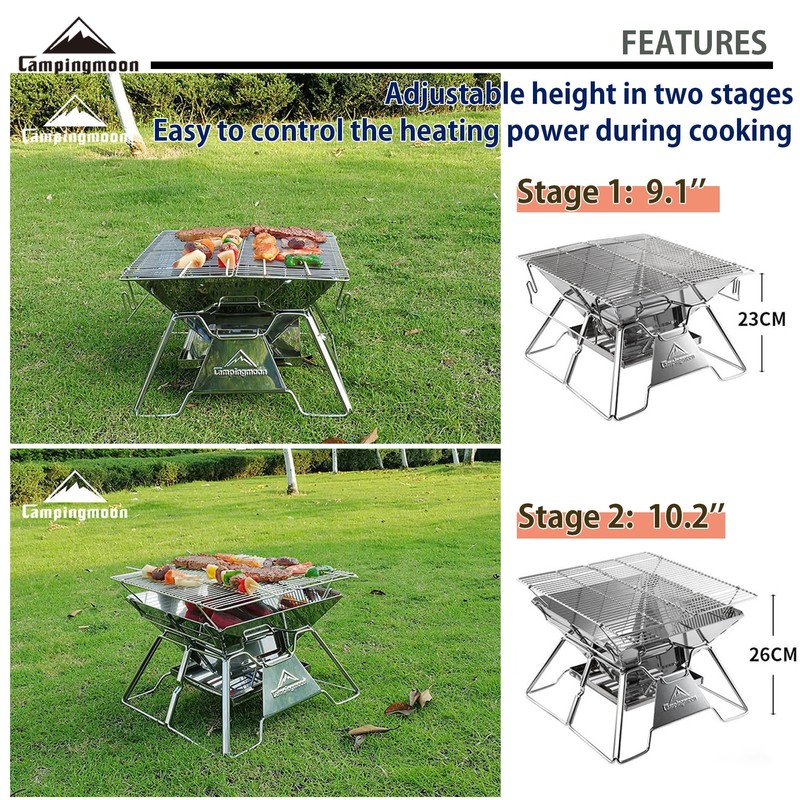 CAMPINGMOON Stainless Steel Foldable Camping Grills Portable Wood Burning Charcoal