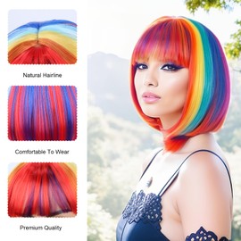 Short Bob Wig,Rainbow Bob Wig for Women,26 cm Funny Wigs for Women,with 1 hairnet and five-pointed star sunglasses,for Christmas,Cosplay Party and Night Club, and Costume Party
